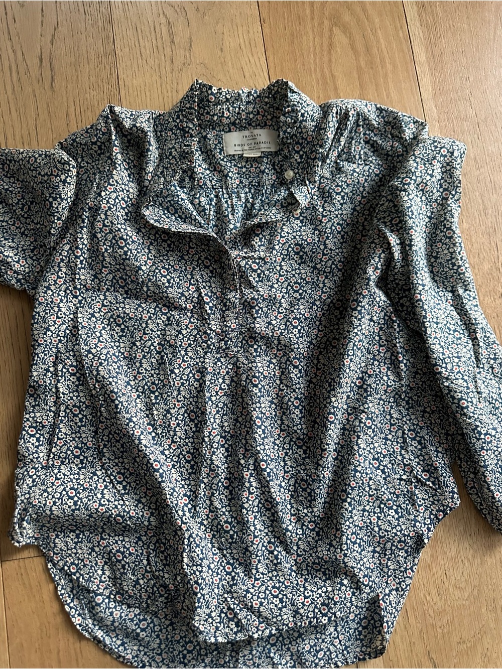 Trovata Birds of Paradis Ruffle Trim Shirt Navy Floral Print